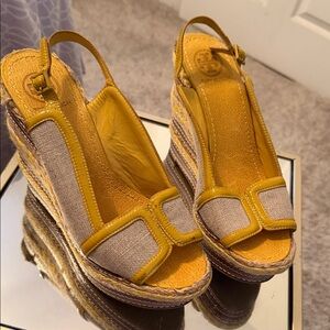 Tory Burch Yellow and Tan Wedge Sandals